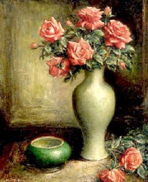 Salmon Roses in a Chinese Vase