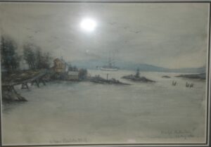 Watercolour: James J. Hill's Steam Yacht Wacouta at Isle Royale, 23 August 1900