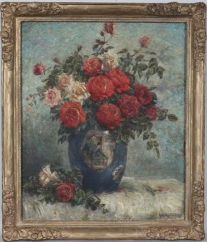 Variety of Roses in a Blue Chinese Vase with Lunette