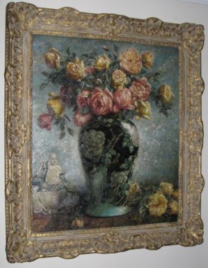 Variety of Roses in a Famille Noir Chinese Vase with Buddha Statue
