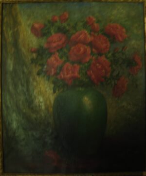 Roses in a Green Chinese Vase with Yellow Curtain