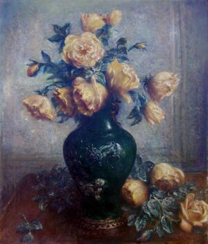 Yellow Roses in an Ormolu Mounted Dark Jade Green Chinese Vase
