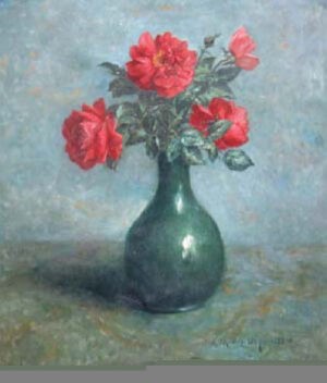 Red Roses in a Dark Green Chinese Vase