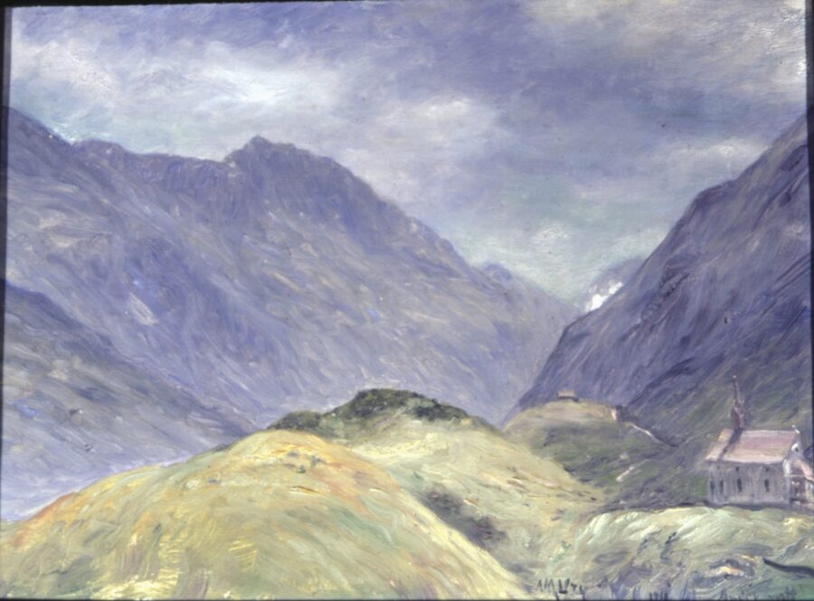 View towards the Oberalp with St. Maria Hilfestrasse, near Andermatt, Switzerland