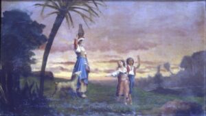 Italianate Landscape with a Woman carrying a Pitcher on her head and Two Children.