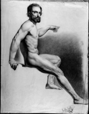 1880 - Academic Drawing: Study of a Seated Bearded Naked Male Facing Right, Left Hand Raised.