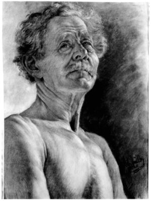 1881 - Bust Length Study of a Naked Old Man  with a Moustache facing Right looking upwards
