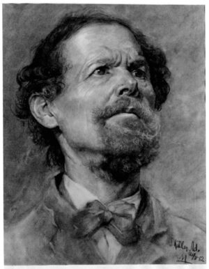 1882 - Bust Length Study of a Man with a Beard, wearing a Bow Tie, looking up and facing Right