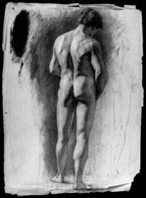 1883 - Academic Drawing: Full Length Standing Study of a Naked Man seen from behind, his Left Foot slightly higher to the Left, his Head tilted to the Right, No Hands Visible.