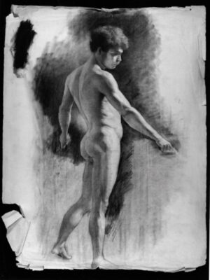 1883 - Academic Drawing: Full Length Study of a Standing Naked Man seen from the Side, with Slight Contraposto, Arms Spread Wide and Pointing Downwards with his Right Hand, His Gaze also in that Direction.