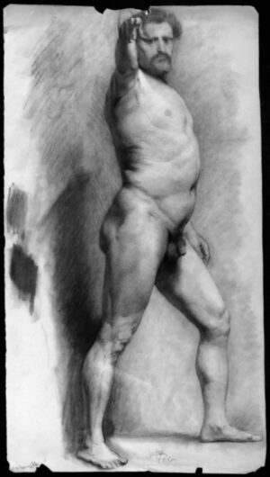 1883 - Academic Drawing: Full Length Standing Study of a Naked Man with a Beard seen from the Side, his Right Arm Raised to the Viewer His Left Foot Forward, His Left Hand resting on His Thigh.