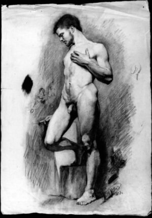 1883 - Academic Drawing: Full Length Standing Study of a Naked Man seen from the Front and Side, Left Arm raised to Left Breast, Right Leg bent and Toes on a Block.