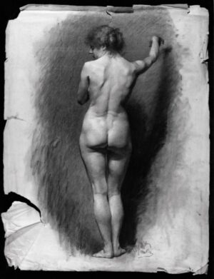 1883 - Academic Drawing: Full Length Standing Study of a  Naked Woman Seen from Behind, Her Right Arm Raised to Head Height, Her Feet Together.
