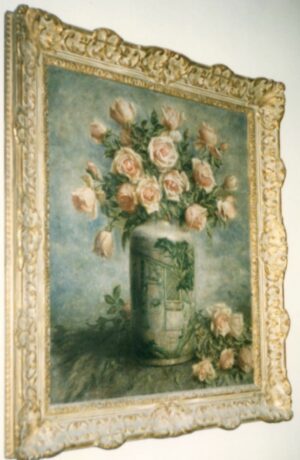 Pale Pink Roses in a Grey Green Chinese Vase