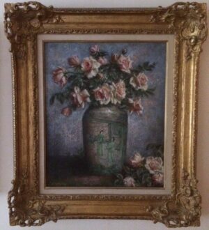 Pink Roses in a Grey-Green Chinese Vase