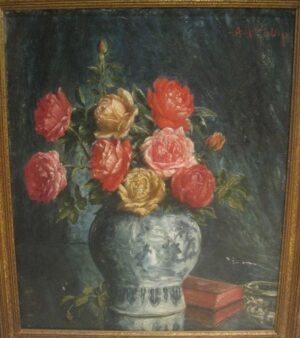 Variety of Roses in a Chinese Vase with a Book
