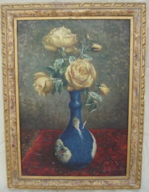 Yellow Roses in a Blue Chinese Vase