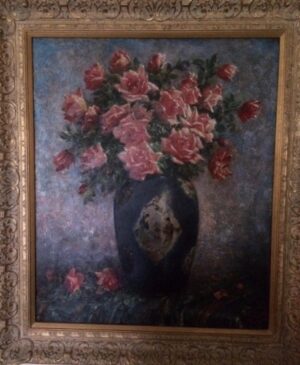 Red Roses in a Blue Chinese Vase with Lunette