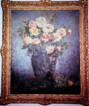 Variety of Roses in a Famille Noire Chinese Vase on a Hardwood Stand