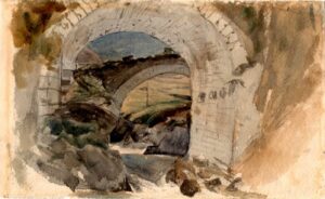 Watercolour: Hospental, Switzerland - View under the Arched Stone Bridge over the Gotthardreuss River to the Dorfbrücke.
