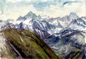 Watercolour: Switzerland - View of the Rhone Glacier from the Gotthard Pass