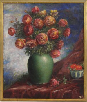 Talisman Roses in an Apple Green Chinese Vase with Blue and White Bowl